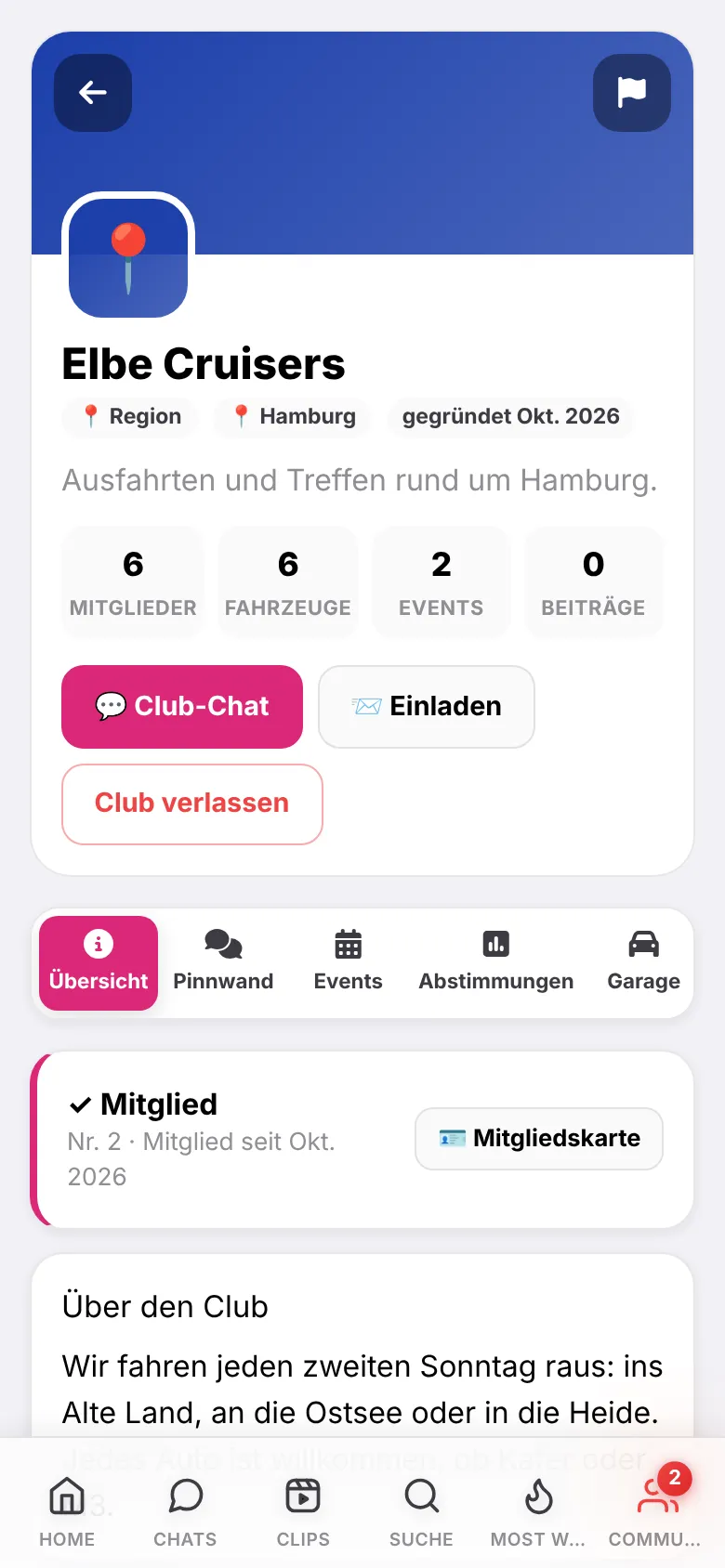 App-Ansicht: Club mit Mitgliedern und Events