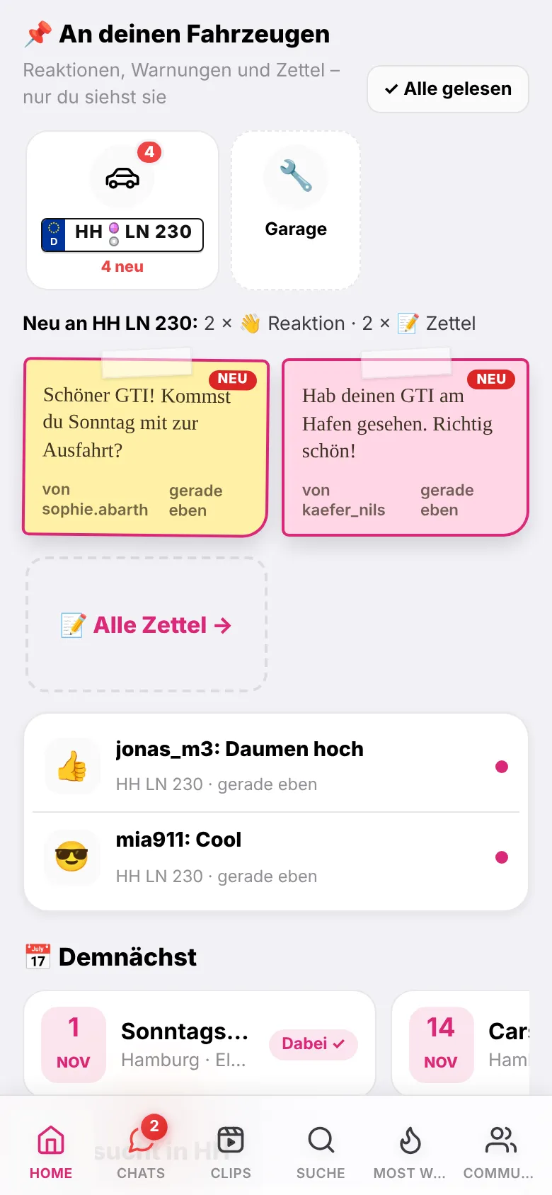 App-Ansicht: Reaktionen und Zettel, die an deinem Auto angekommen sind