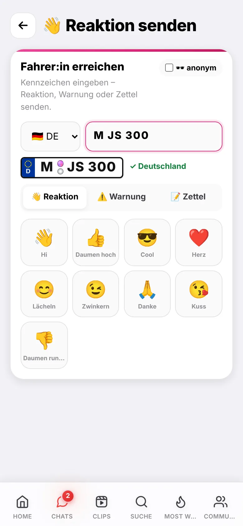 App-Ansicht: Startseite mit Reaktionen für ein Kennzeichen