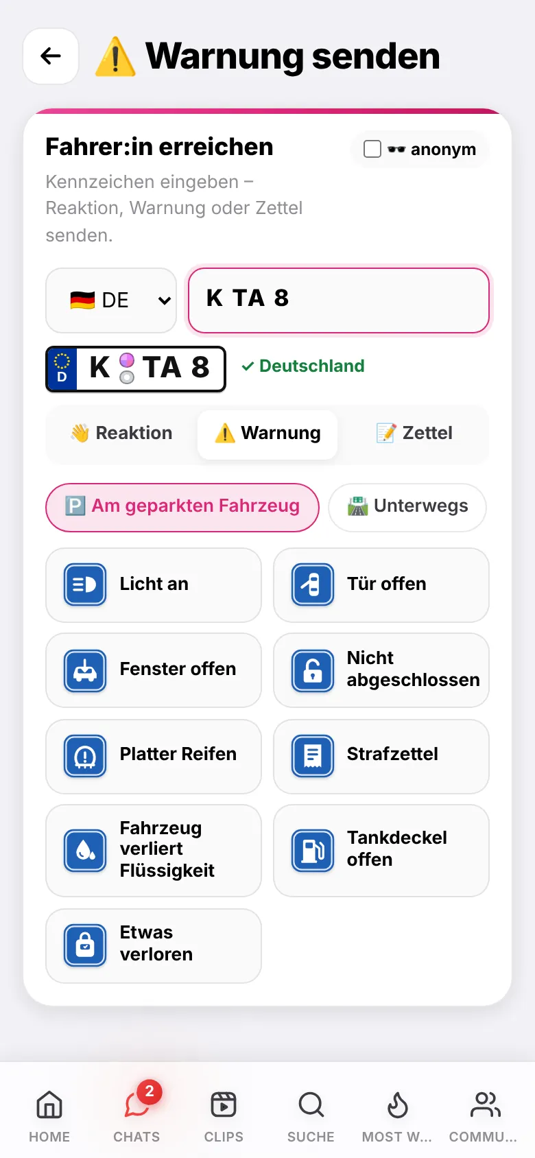 App-Ansicht: Warnungen mit Verkehrszeichen auswählen