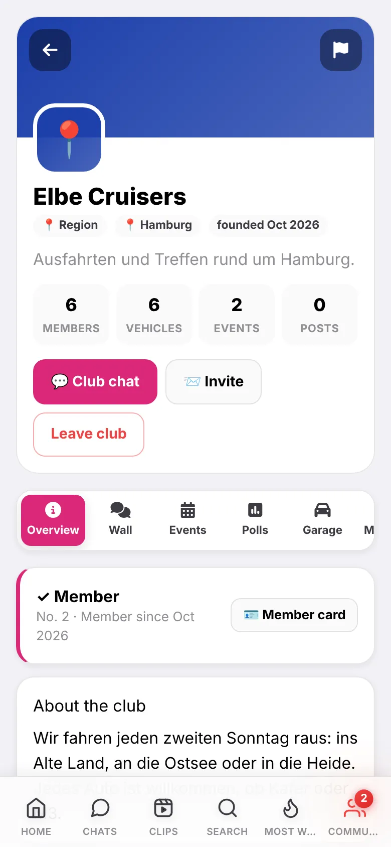App view: a club with members and events