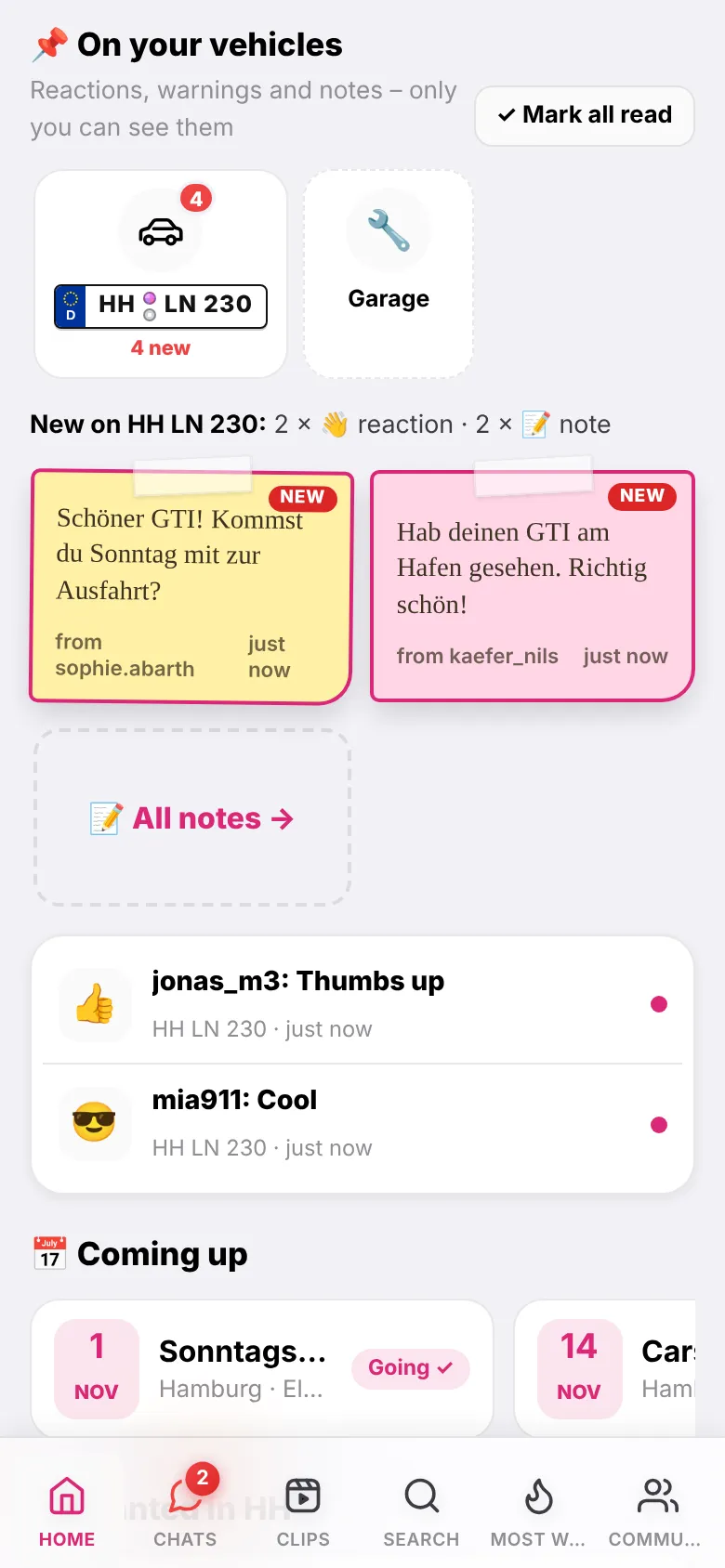 App view: reactions and notes that arrived at your car