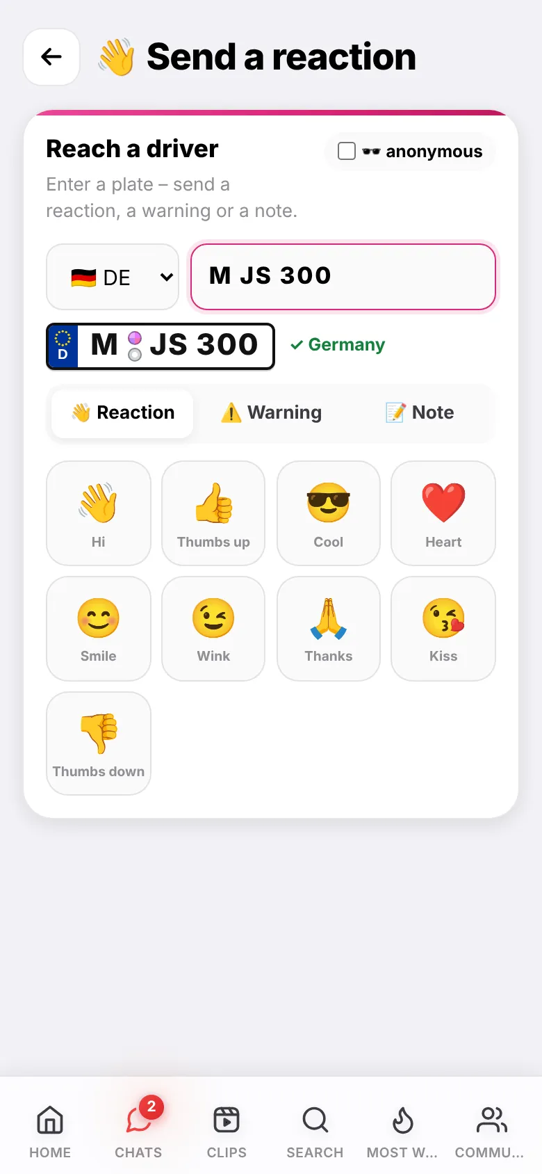App view: home screen with reactions for a licence plate