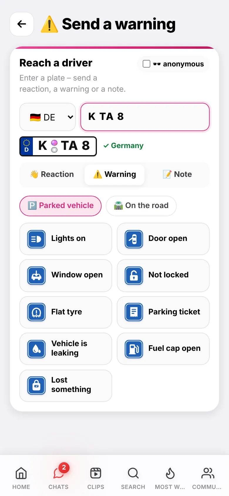 App view: choosing a warning with road signs